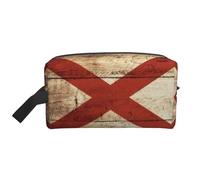 Beauty case da viaggio con stampa di una cartolina con bandiera dell'Alabama su venature del legno, trousse per cosmetici, borsa da tolietry da appendere per donne e uomini, palestra quotidiana
