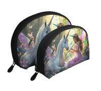 Beauty case da viaggio con stampa di unicorni e fate della foresta magica, 2 pezzi, bianco, Taglia unica