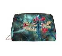 Beauty case da viaggio con stampa libellula sul fiore, custodia portatile con tre scomparti interni per accessori, Oro, One Size