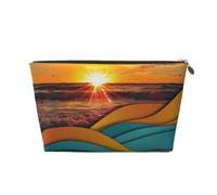 Beauty case da viaggio con stampa tramonto e alba con onde marine, con cerniera dorata, organizer per trucchi e articoli da toeletta per donne, mamme e ragazze, Oro, One Size, Beauty case