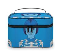 Beauty case da viaggio con tramonto sul mare in Olympic Park Coast, custodia in pelle con divisori regolabili per cosmetici, pennelli da trucco, articoli da toeletta, Skeleton Girl Blu, 25x18x15cm