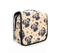 Beauty case da viaggio da appendere con carlino, cuore e fiore, organizer per cosmetici, per uomini e donne