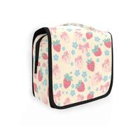 Beauty case da viaggio da appendere con fiore blu, fiocco e fragola, organizer per cosmetici, per uomini e donne