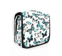 Beauty case da viaggio da appendere, con motivo a farfalle, turchese, nero, bianco, per trucchi e cosmetici, organizer per uomini e donne