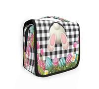 Beauty case da viaggio da appendere Happy Easter Black Buffalo Plaid Check per donne uomini ragazze, uova di coniglietto pasquale primaverile impermeabile trucco cosmetico borsa organizer per oggetti