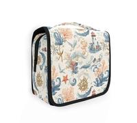 Beauty case da viaggio da appendere, motivo: onde oceaniche, torre luminose, corallo, uccello, stella marina, kit per trucco, organizer per cosmetici, per uomini e donne