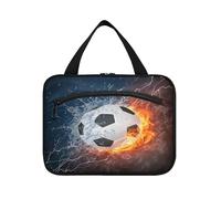 Beauty case da viaggio da appendere, per donne, uomini, ragazzi, ragazze, pallone da calcio nel fuoco e acqua, borsa per cosmetici impermeabile, organizer per oggetti essenziali da viaggio, bottiglia,