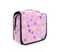 Beauty case da viaggio da appendere rosa e oro con impronte di cuccioli, organizer per cosmetici, per uomini e donne