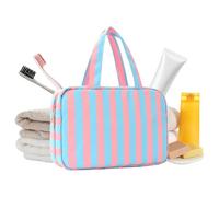 Beauty case da viaggio da donna, 4 scomparti, impermeabile, pieghevole, con gancio, grande, per tutti i giorni, fine settimana, vacanze, crociera, campeggio, doccia, armadio, valigia, Rosa e blu