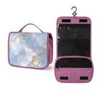 Beauty case da viaggio da donna, color oro pastello e blu, con gancio, per shampoo, con motivo marmorizzato