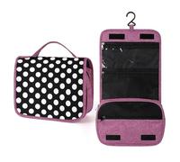 Beauty case da viaggio da donna, con bolle bianche su sfondo nero, organizer da appendere con gancio per shampoo