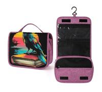 Beauty case da viaggio da donna, con corvo nero seduto su un grande libro, organizer per trucchi da appendere con gancio per shampoo