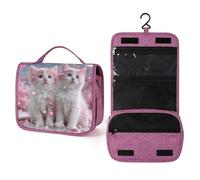 Beauty case da viaggio da donna, con due gattini rosa e bianchi, organizer da appendere con gancio per shampoo