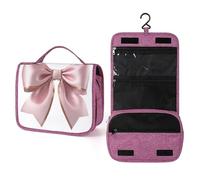 Beauty case da viaggio da donna, con fiocchi rosa pastello setoso con nastri, organizer da appendere con gancio per shampoo