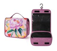 Beauty case da viaggio da donna, con fiore di peonia rosa, organizer da appendere con gancio per shampoo
