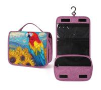 Beauty case da viaggio da donna, con gancio per shampoo, motivo: pappagalli ara, campo di girasoli