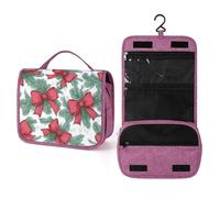 Beauty case da viaggio da donna, con grandi fiocchi rossi su rami di pino verde, organizer da appendere con gancio per shampoo