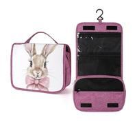 Beauty case da viaggio da donna, con grazioso coniglietto con fiocco rosa, organizer da appendere con gancio per shampoo