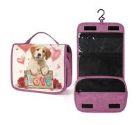 Beauty case da viaggio da donna, con grazioso cucciolo di rose rosse e palloncini a forma di cuore, organizer per trucchi da appendere con gancio per shampoo