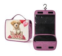 Beauty case da viaggio da donna, con grazioso cucciolo di rose rosse e palloncini a forma di cuore, organizer da appendere con gancio per shampoo