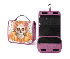 Beauty case da viaggio da donna, con grazioso teschio, zucche e fiori d'arancio, organizer da appendere con gancio per shampoo