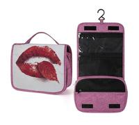 Beauty case da viaggio da donna, con labbra rosse e foglie, organizer da appendere con gancio per shampoo