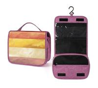 Beauty case da viaggio da donna, con motivo a righe rosse, gialle e rosa, organizer da appendere con gancio per shampoo