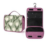 Beauty case da viaggio da donna, con motivo a tulipani, color verde salvia, organizer da appendere con gancio per shampoo