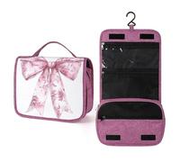 Beauty case da viaggio da donna, con motivo floreale rosa pastello e fiocco bianco, organizer da appendere con gancio per shampoo
