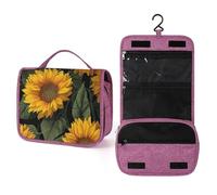 Beauty case da viaggio da donna, con motivo girasoli, petali gialli, foglie verdi, organizer per trucchi da appendere con gancio per shampoo