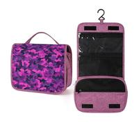 Beauty case da viaggio da donna, con motivo mimetico magenta, organizer da appendere con gancio per shampoo