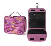 Beauty case da viaggio da donna, con motivo mimetico rosa, viola e oro, organizer da appendere con gancio per shampoo