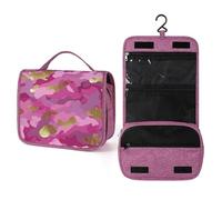 Beauty case da viaggio da donna, con motivo mimetico rosa, viola e oro, organizer da appendere con gancio per shampoo