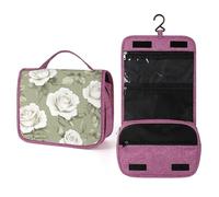 Beauty case da viaggio da donna, con motivo rosa verde salvia e bianco, organizer da appendere con gancio per shampoo