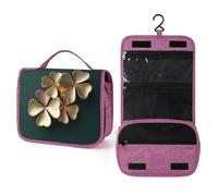 Beauty case da viaggio da donna, con quadrifoglio dorato lucido su sfondo verde scuro, organizer da appendere con gancio per shampoo