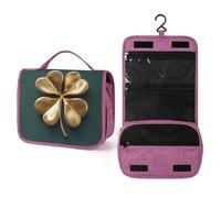 Beauty case da viaggio da donna, con quadrifoglio dorato su sfondo verde scuro, organizer per trucchi da appendere con gancio per shampoo