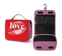 Beauty case da viaggio da donna, con scritta "Love on A Red Lip", organizer da appendere per trucchi con gancio per shampoo