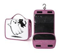 Beauty case da viaggio da donna, con simpatico fantasma in stile cartone animato che gioca con gatto nero, organizer da appendere con gancio per shampoo