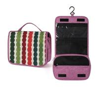 Beauty case da viaggio da donna, con strisce verticali rosse e verdi, organizer da appendere con gancio per shampoo