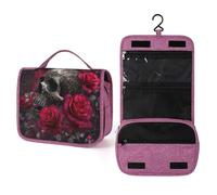 Beauty case da viaggio da donna, con teschio gotico scuro e rosa rossa, organizer da appendere con gancio per shampoo