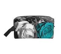 Beauty case da viaggio da uomo, con stampa di fiori di rosa, colore nero, bianco, foglia di tè, grigio, capiente, borsa cosmetica da donna, bianco, Taglia unica