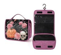Beauty case da viaggio estetico gotico con cigno nero e rose rosa teschio, organizer da appendere per trucchi con gancio per shampoo