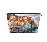 Beauty case da viaggio grande in pelle dorata, riutilizzabile, con stampa di paesaggi delle Cinque Terre, portatile, con cerniera, Argento, taglia unica