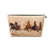 Beauty case da viaggio in pelle color oro, grande, riutilizzabile, con stampa di cavalli che corrono nel deserto, sabbia, tempesta, portatile, organizer per cosmetici con cerniera, Argento, taglia