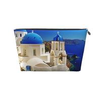 Beauty case da viaggio in pelle color oro, grande, riutilizzabile, con stampa di isola greca Santorini, vista mare, portatile, organizer per cosmetici con cerniera, Argento, taglia unica
