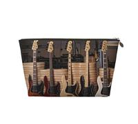Beauty case da viaggio in pelle color oro, grande, riutilizzabile, con stampa di strumenti musicali, chitarra, basso, strumenti musicali, portatile, con cerniera, Oro, taglia unica