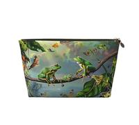 Beauty case da viaggio in pelle con molte rane che cantano sui rami e farfalle stampate, con cerniera dorata, impermeabile, per uso quotidiano e da viaggio, Oro, Taglia unica, Beauty case