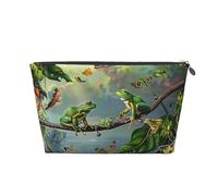 Beauty case da viaggio in pelle con molte rane che cantano sui rami e farfalle stampate, con cerniera dorata, impermeabile, per uso quotidiano e da viaggio, Argento, Taglia unica, Beauty case