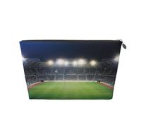 Beauty case da viaggio in pelle con stampa notturna con stadio di calcio, campo da satdio, luci notturne, con cerniera dorata, impermeabile, per uso quotidiano e da viaggio, Argento, Taglia unica