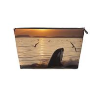 Beauty case da viaggio in pelle con stampe di orche assassine sotto il tramonto, borsa per cosmetici impermeabile con cerniera dorata, per uso quotidiano e da viaggio, Argento, Taglia unica, Beauty